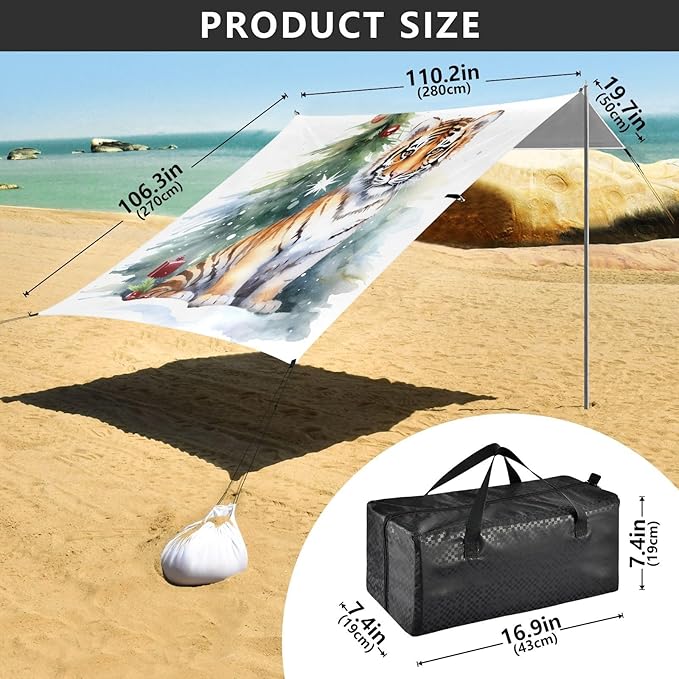 ALAZA Tiger Christmas Beach Tent Sun Shelter UPF50+ Protection Beach Shade Canopy w/ 4 Sandbags for Outdoor Camping Fishing Backyard Fun Picnic 10x9 ft