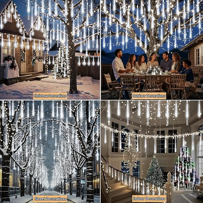 Meteor Shower Lights Outdoor Christmas Lights 24-Tube 576LEDs Snow Falling Rain Cascading Icicle String Light for Xmas Tree Christmas Decorations Wedding Party Holiday Yard Garden Decor UL Plug White