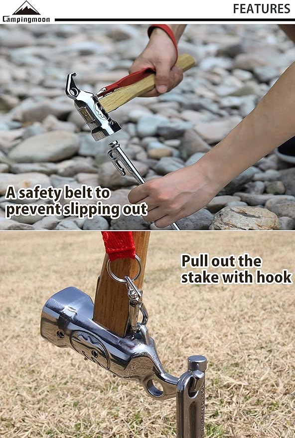 CAMPINGMOON Camping Hammer Peg Tent Stake Hammer Stainless Steel Built-in Pure Copper Head Wood Hand with Tent &amp Tarp Stake Remover C5