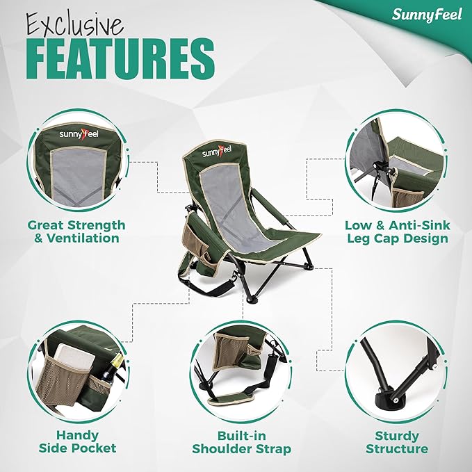 SUNNYFEEL Low Folding Beach Chair for Adults Portable Lightweight Sling Beach Camping Chairs with Cup Holder ArmrestFoldable Camp Lawn Chair for Outdoor Sand Concert Travel Sport Events300LBS