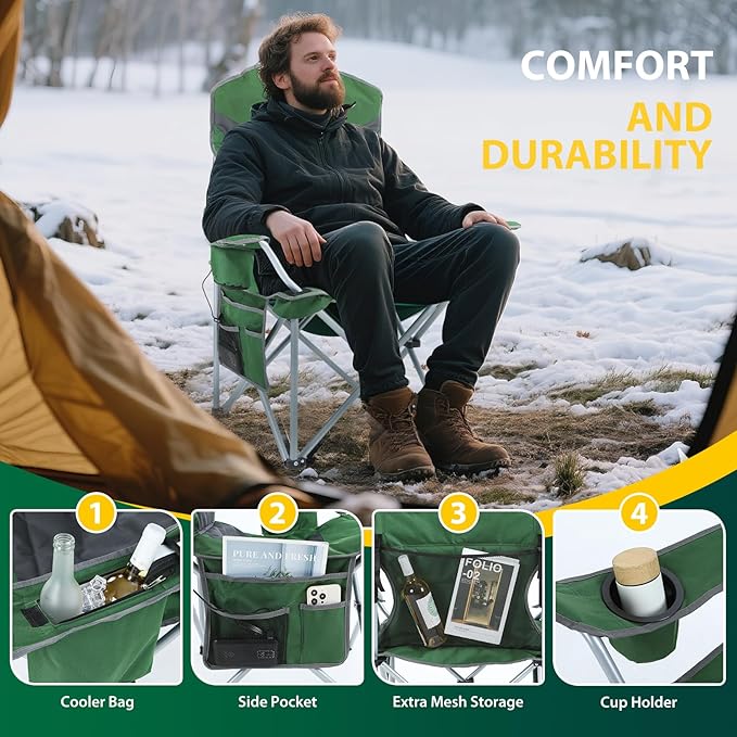 Nice C Heated Camping Chair with Battery Heated Outdoor Sports Chair Folding Chairs with Cooler Bag Cup Holder Carry Bag 10000 mAh Power Bank Included (Green&ampGrey Set of 2)