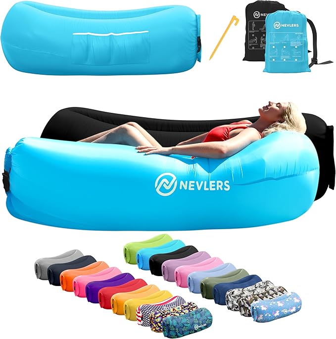 Nevlers Black &amp Blue Inflatable Lounger 2 Pack | 210T Polyester Inflatable Couch Set |No-Pump Blow Up Couch | Outdoor Furniture w/ 450lbs. Capacity Pockets &amp Carry Bags For Use as Festival Es