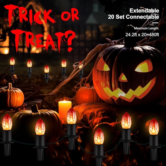 24.2ft Halloween Flame String Lights 20 Lights Halloween Decoration Waterproof Flickering Flame Lights C9 String Pathway Lights with Stakes for Indoor or Outdoor Decor Party