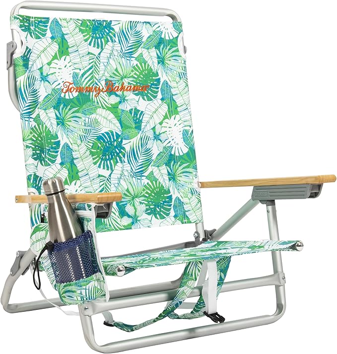 Tommy Bahama 5-Position Classic Lay Flat Backpack Beach Chair with Cooler and Cup Holder Portable Folding Beach Chair for Tanning Tropical Leaves