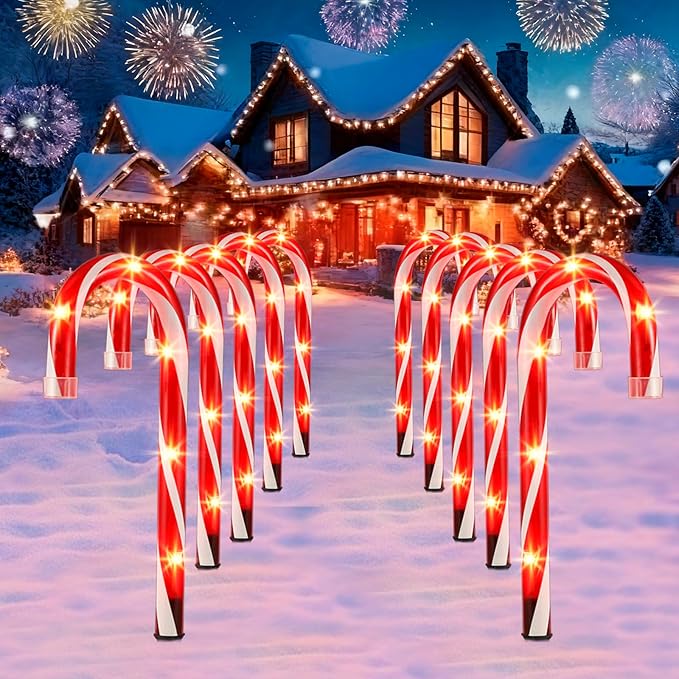 Candy Cane Christmas Lights Outdoor 10 inch Lighted Candy Cane Yard Lights with Set of 10 Candy Canes Outdoor Walkway Christmas Lights Pathway Lawn Yard Decorations