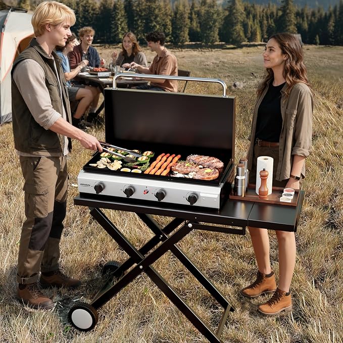 ROVSUN 4 Burner Foldable Propane Griddle with Wheels Enameled Tray &amp Lid 40000 BTU Portable Rolling Flat Top Gas Grill with Electronic Ignition &amp Regulator for Outdoor Cooking Camping BBQ Ta