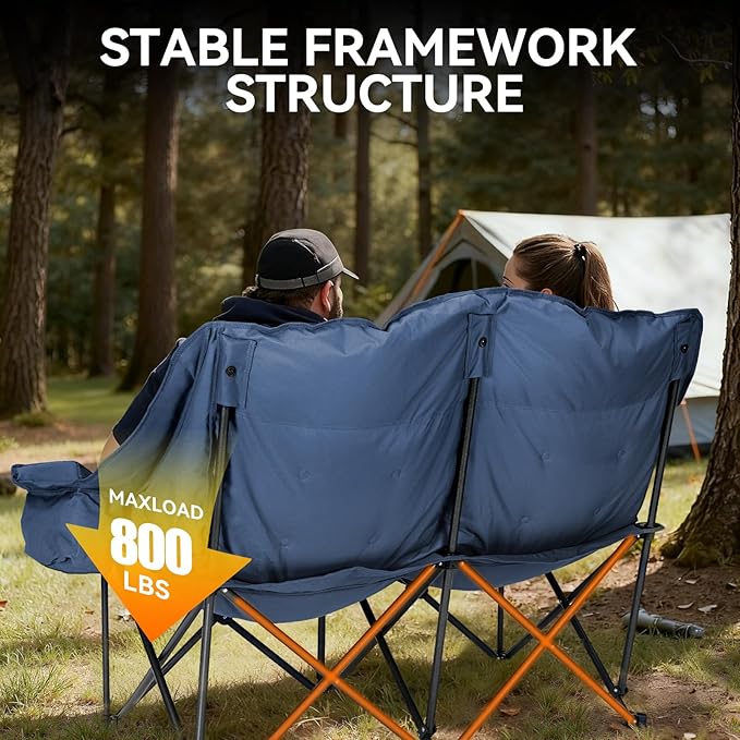 Padded Double Camping Chair High Back 2 Person Camping Chair Oversized Camping Loveseat Support 800LBS Heavy Duty Camping Couch with Cup Holders Cooler Carry Bag Blue