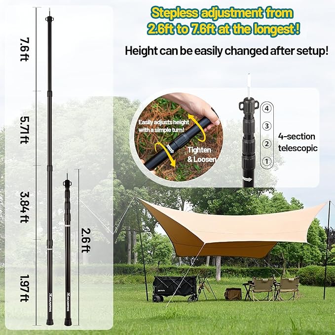 Tarp Poles Adjustable Heavy Duty XINCAMPING Tent Poles Aviation Aluminum 7.7FT Lengthen and Thicken with Protection Cap Awning Poles Set of 2 for Camping Hiking