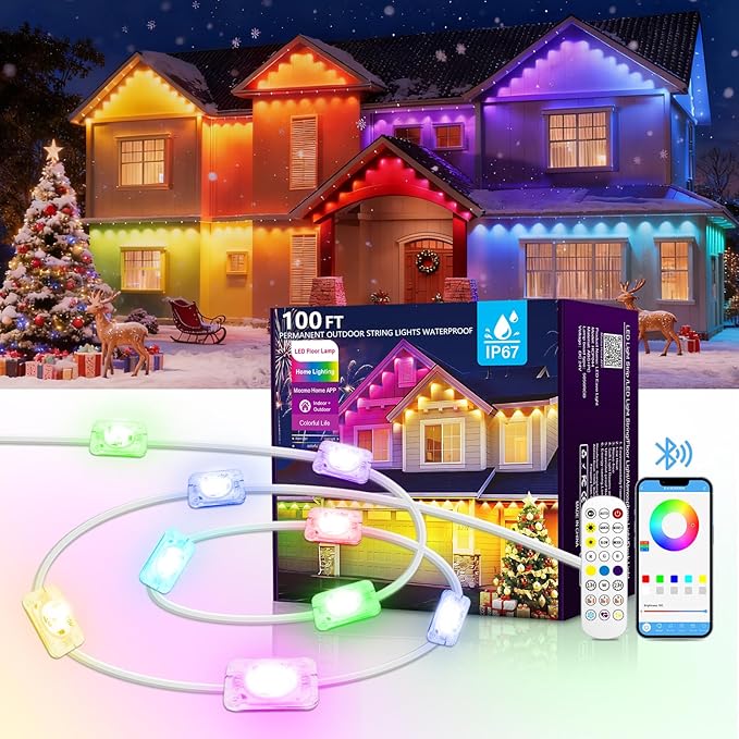 100FT Christmas Permanent Outdoor LightsRGB Eaves Lights with App &amp Remote ControlDIY Multi-Color Scene ModesIP67 WaterproofOutdoor Strings for HouseHoliday Decorations for Christmas