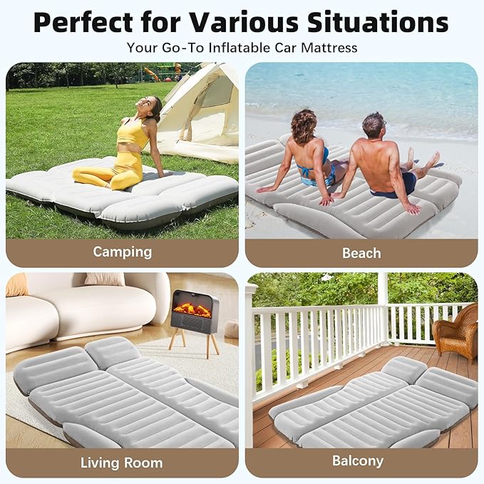 KMZ SUV Air Mattress Double Sided Thickened Flocking Car Bed – Portable Inflatable Mattress Pad for Camping &amp Travel with 2 Pillows &amp Electric Pump (Off-White and Coffee)