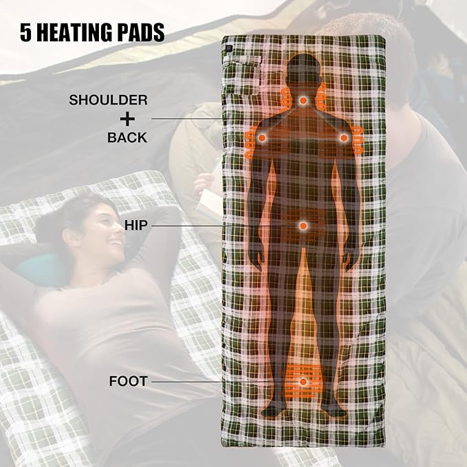 REDCAMP Heated Sleeping Bag Pad Heated Sleeping Bag Liner 5 Heating Zones 3 Adjustable Heat Settings USB Heating Pad for Cold Weather Camping Backpacking or Hiking Green/Red