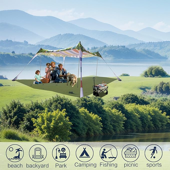 SUNWISHA Beach Tent Sun Shelter 10x10FT Portable Shade Canopy UPF 50+ with 4 Aluminum Foldable Poles Protection Beach Shade Canopy Camping Fishing Picnics Backyard Picnics