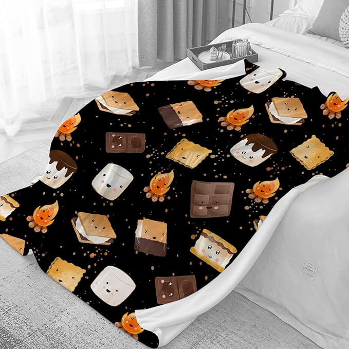 Cute S'Mores Blanket | Ultra Soft Marshmallow Cookie Throw Blanket Gifts for Boys Girls | Roasted Marshmallows Blanket Decor for Couch/Sofa/Travel/Camping All Seasons -50x60-Teens/Travel Size