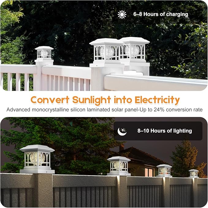 Fence Post Solar Lights Crackle Glass Solar Post Cap Lights 20 Lumens Warm White &amp RGB Automatic Cycling 2 Modes for 3.6x3.6 4x4 4.5x4.5 5x5 Vinyl Wooden Posts Decoration White (2 Pack)