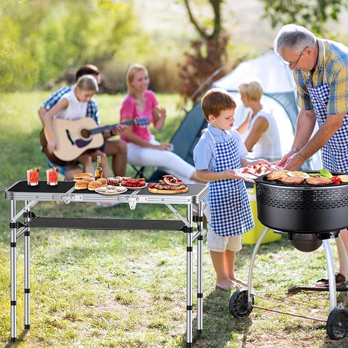 Anbte Folding Camping Table with Storage Net 3ft Camping Table Aluminum Folding Table with 3 Adjustable Height Max 27.1 Inch Picnic Table Portable Table for Outdoor Backyard BBQ Black