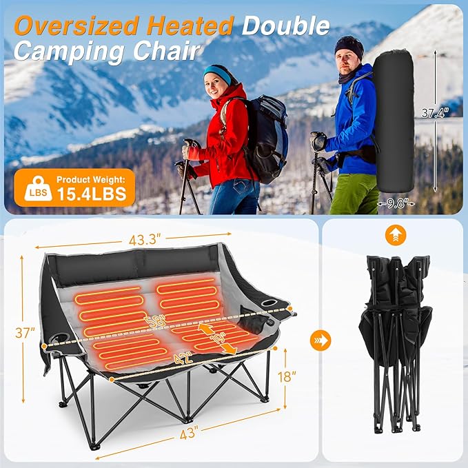 Suteck Heated Double Camping Chair Heated Loveseat Chair for Outdoor Sports W/3 Heat Levels &amp 4 Heating Zones Portable Folding Chair for Adults Use for Camping &amp Travel
