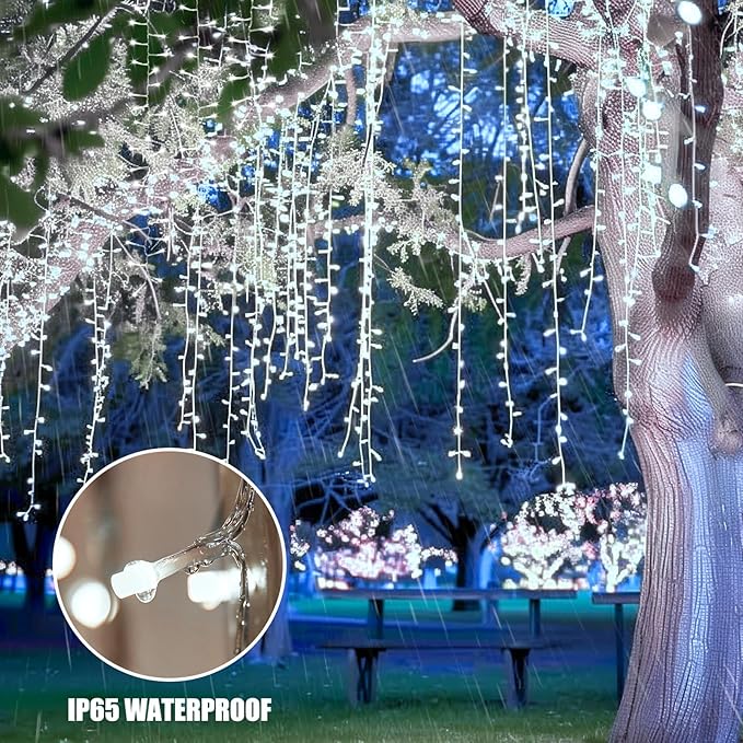 Brightown Cluster Icicle Lights Outdoor 33FT 1020 LED Icicle Christmas Lights with 51 Drop12 Modes Cluster String Light with Timer Waterproof Firecracker Christmas Light Outdoor White