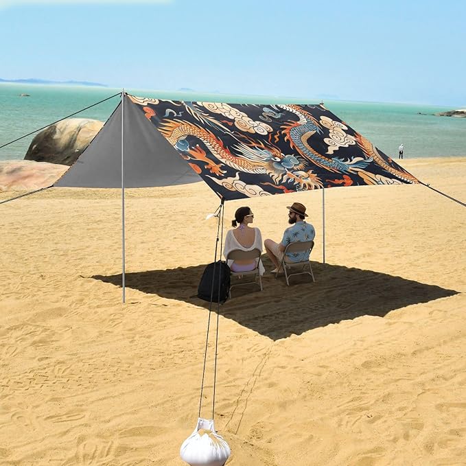 Chinese Dragon Pattern Beach Tent Sun Shelter 9.2' x 10.5' Beach Canopy with 4 Sandbags 4 Stability Poles Sand Shovels - Tent Canopy for Beach Camping Fishing Picnics
