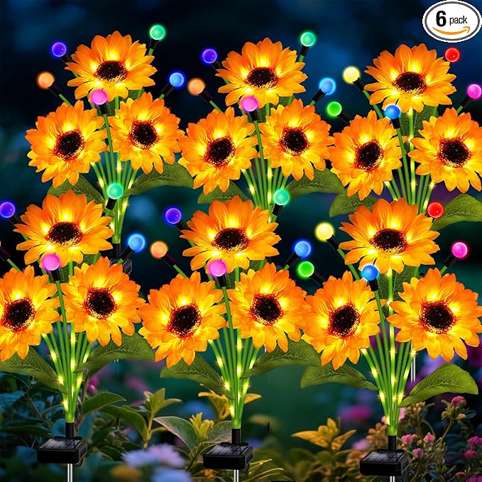 Solar Garden Lights-6 Pack Solar Sunflowers with Multicolor Changing Swaying Firefly Lights Birthday for Mom WomenWaterproof Firefly Sunflower Light for Outdoor Patio Yard Decor