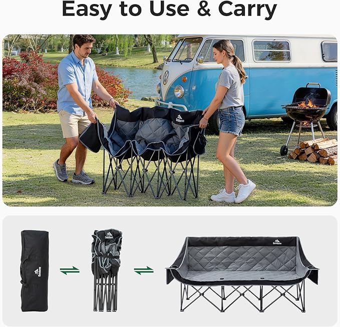 3 Person Camping Chair Oversized Padded Loveseat Camping Chairs Heavy Duty Folding Outdoor Couch with Cup Holder &amp Phone Side Pocket Extra Wide Outdoor Loveseat for Camping Tailgating Lawn Black