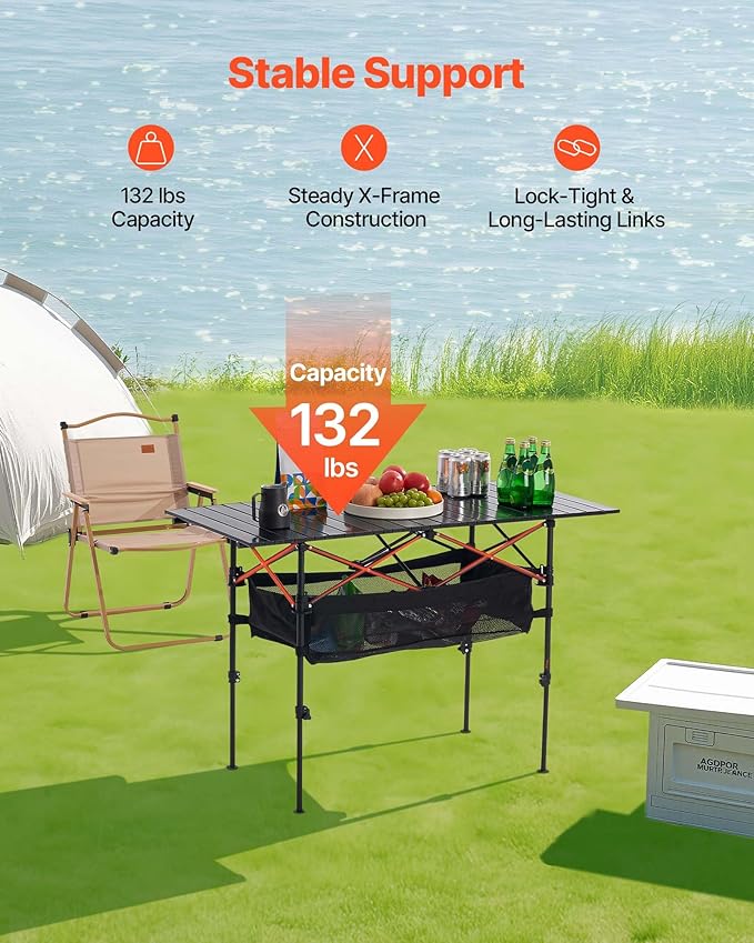 VEVOR Folding Camping Table Portable Roll Up Side Tables Lightweight Aluminum Beach Table for Outdoor BBQ Tailgating Picnic Travel (47 inch-Black)