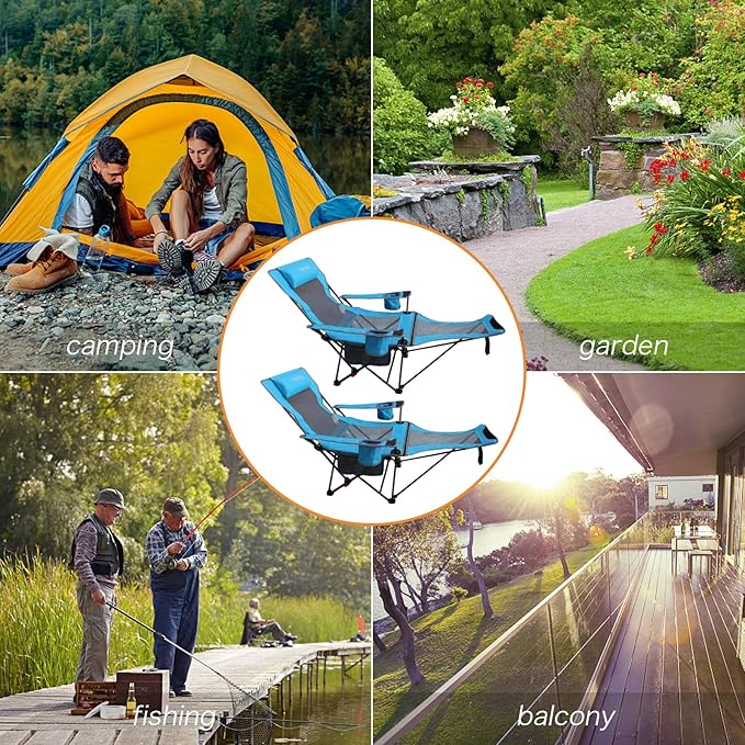 Reclining Camping Chair with Removable Footrest Lounge Chair with Headrest Cotton Cushion Portable Adjustable Folding Chairs
