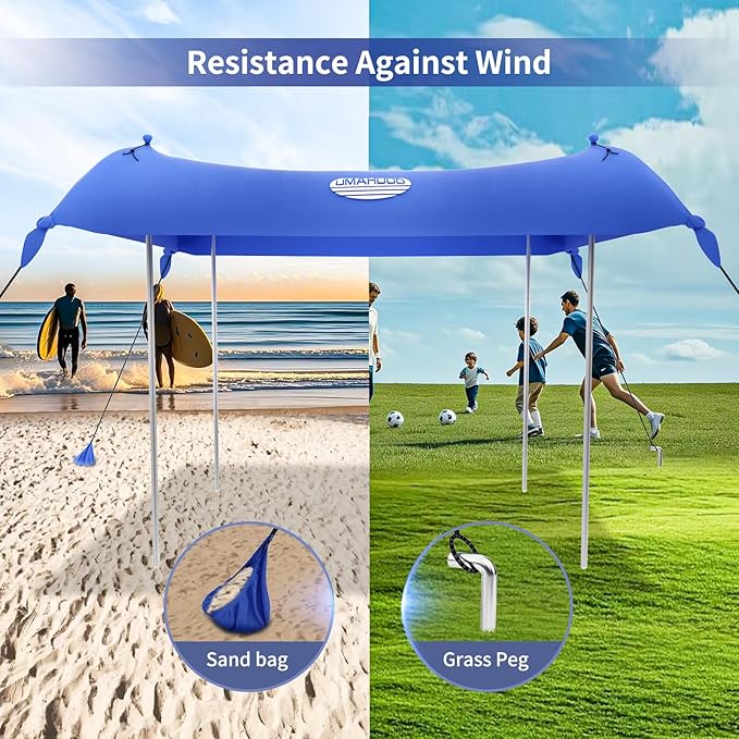 UMARDOO Family Beach Tent Canopy Sun Shade Portable 10×10FT Large Wind Resistance Beach Sun Shelter Easy Setup with Packable Carry Bag for Outdoor Travel UPF 50+ (Blue)