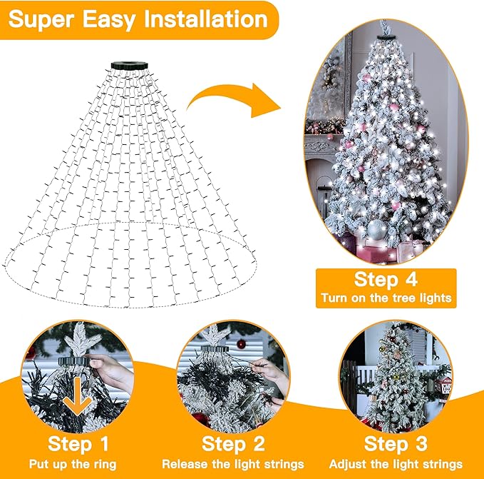 Ollny Christmas Tree Lights 8.2ft*16 Strings with Ring 8 Lighting Modes 3 Timers Dimmable Christmas Lights Indoor/Outdoor with Remote Waterproof for Xmas Decor (Cool White)