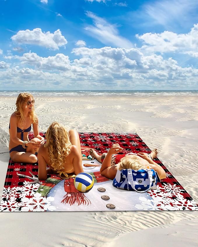 Beach Blanket Waterproof Sandproof Cute Snowman Red Black Buffalo Plaid Quick Drying Beach Mat with 4 Stakes Winter White Snowflake Seamless Lightweight Picnic Blanket for Travel Camping 95x80