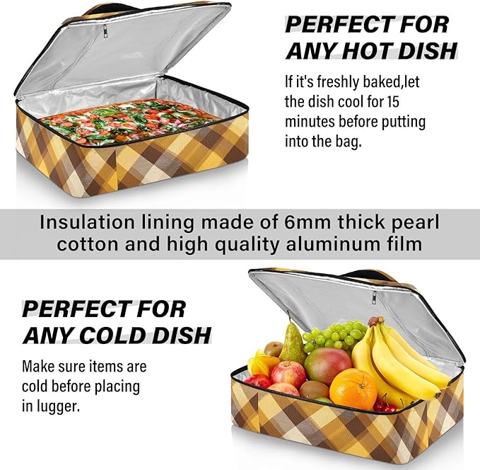 Casserole Carrier Yellow Brown Plaid Insulated Casserole Carrier for Hot or Cold Food Thermal Lunch Tote for Parties Picnic Travel Carry Bag
