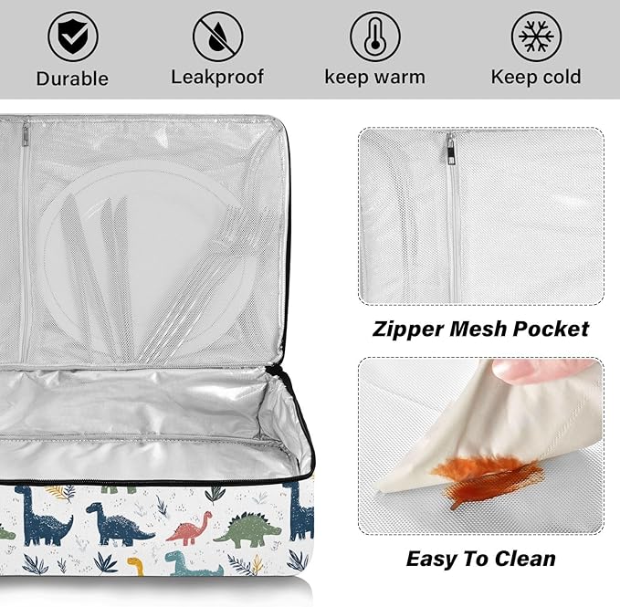 Casserole Carrier Pattern DinosaursInsulated Casserole Carrier for Hot or Cold Food Thermal Lunch Tote for Potluck Parties Picnic Beach Fits 9 x 13 Inches Baking Dish
