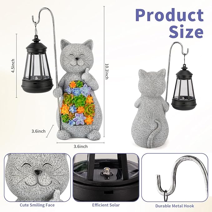 Solar Cat Garden Statue with Succulent Decor Hanging Lantern – Waterproof Resin Outdoor Figurine for Yard Patio Balcony – Gift for Cat Lovers Gardeners