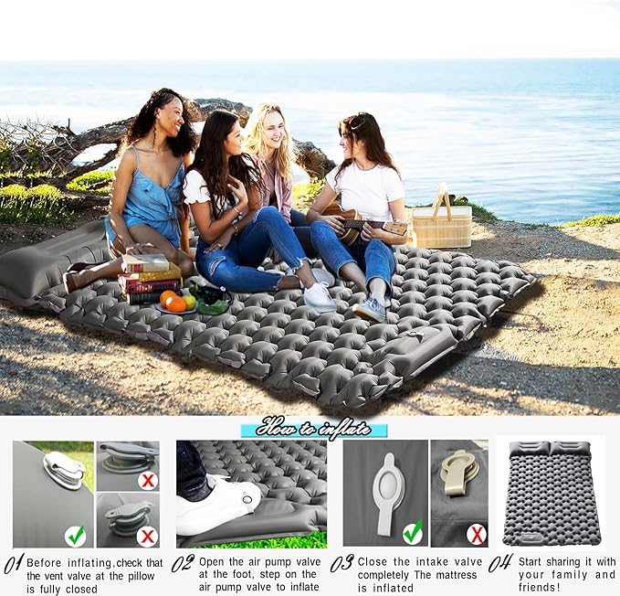Double Sleeping Pad Camping Self Inflating 4'' Extra-Thick 2 Person Pillow Built-in Foot Pump Waterproof Inflatable Sleeping Mat Backpacking Tent Hiking Portable Camping Pad (Grey-Full)