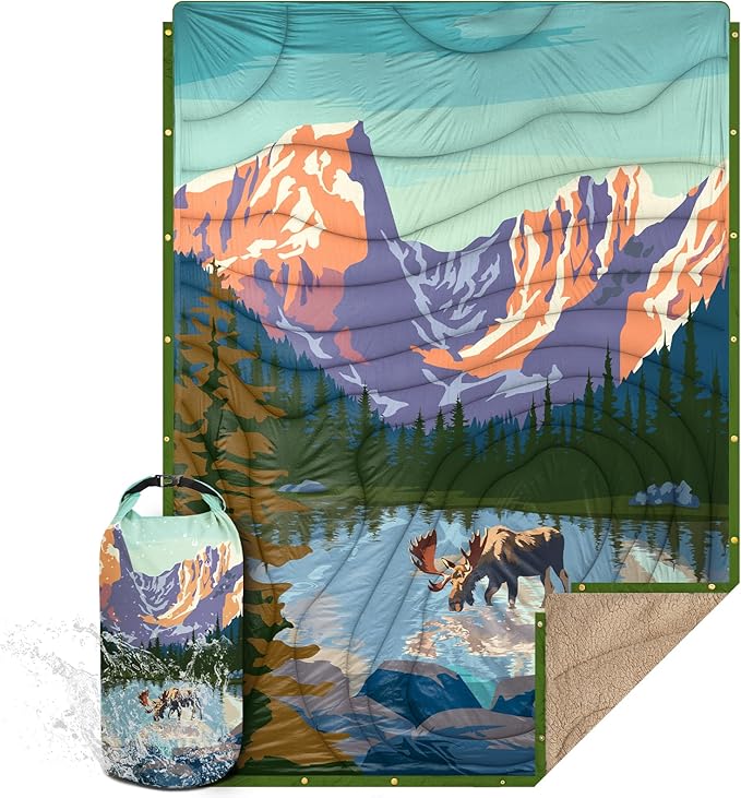 Outdoor Camping Blanket with Sherpa Lining Extra Warm Thick Camp Blankets and Puffy Ultralight Soft Poncho DWR Camping Quilt for Cold Weather Adventure Sleeping Backpacking 78x 56