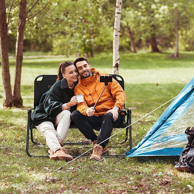 Double Folding Camping Chair Loveseat for 2 Adults Portable Camping Couch with Wood Armrest Cupholders for Backpacking Beach Sports Travel Black
