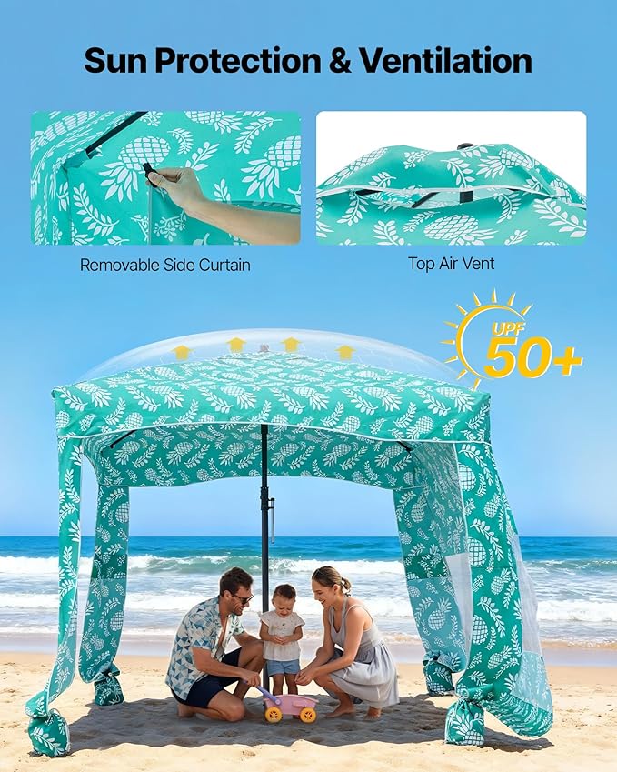 VEVOR Beach Cabana 6 x 6 ft Beach Canopy with Side Wall UPF 50+ Protection Easy Setup Cabana Tent with Sand Pockets Large Portable Shade Sun Shelter Outdoor Umbrella for Whole Family &amp Friends