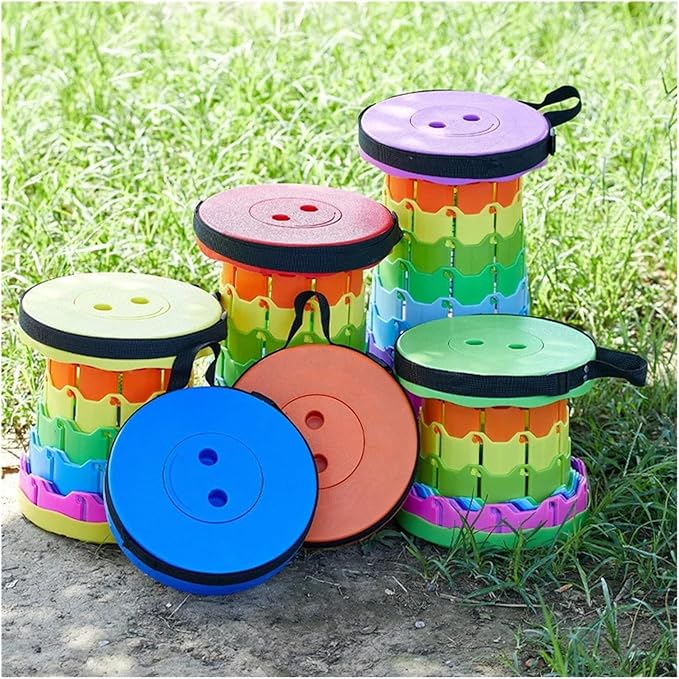 The Latest Portable Fun Casual Round Folding Chair Adjustable Plastic Fishing Stool Rainbow Telescopic Stooltool(Cyan)