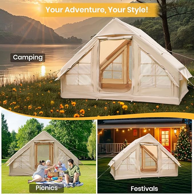 LVUYOYO Inflatable Camping Tent 4 Season Glamping Tent with Mesh Windows Waterproof Oxford Family Cabin Tents Easy Setup Blow Up Tent for Person
