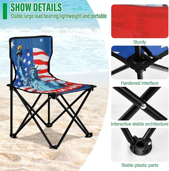 4th of July Independence Day Blue Liberty Compact Camping Chairs for Adults Ultra-Lightweight Folding Chair with Carrying Bag Outdoor Chairs for Travel Camp
