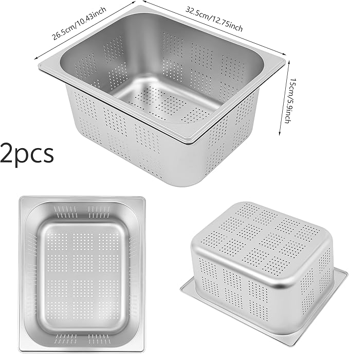 2 Pcs 8L Filtering Pans 6in Deep Anti-Jam Perforated Pan Stainless Steel Steam Pan Filter Basket 1/2 Vegetable Fruit Wash Basin Food Pan Chafing for Hotel Catering Kitchen Restaurant