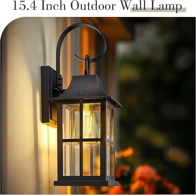 Emliviar Outdoor Porch Light Wall Mount 15.4 Inch Patio Wall Light Fixture in Black Finish Outside Light with Clear Glass for Garage YXE306B BK