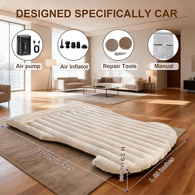 ZKOO Car Air Mattress 4 Inch SUV Truck Camping Air Mattresses Quick Inflation Chamber Portable Driving Trip Air Bed Soft Flocked Top for Camping Colchon Inflable with Storage Bag (Khaki)