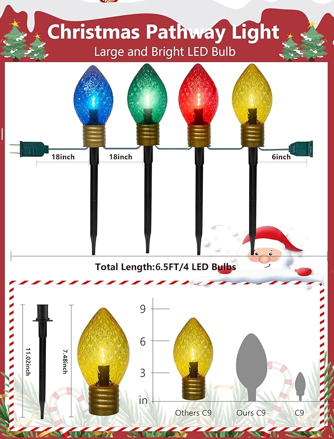Jumbo C9 Christmas Pathway Lights Outdoor 6.5Ft C9 Giant Christmas Walkway Lights with 4 LED Strawberry Multicolor Bulbs Jumbo Yard Decoration Stakes Lights for Outside Lawn Garden Driveway Holiday