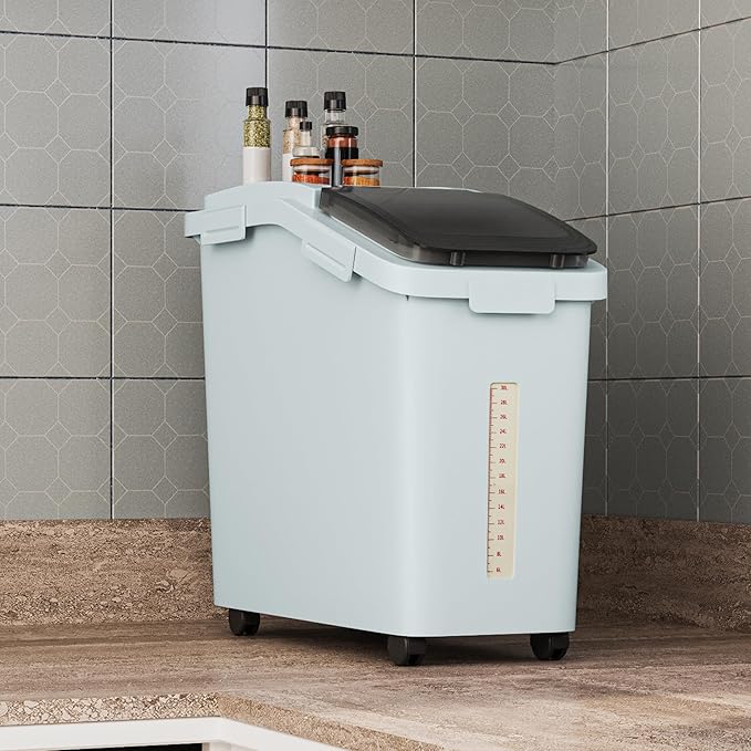 DWVO Large Ingredient Storage Bins 11.4-Gallon Flour Rice Food storage Containers Bins with Wheels Scoop and Airtight Lid for Dry Food Flour Cereal Grain Sugar Gray