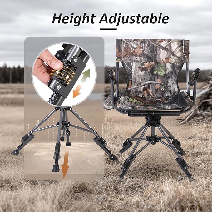 REDCAMP 360° Swivel Hunting Chair with Adjustable Feet for Ground Blinds Portable Folding Camo Camping Chairs for Adults Hunting Seats with Hard Arms for Fishing Camping