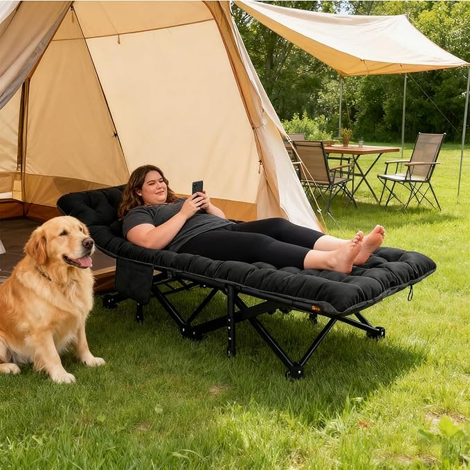 DoCred Oversized XXL Folding Camping Cot with Mattress Heavy Duty Sleeping Cot Bed Portable Adults Outdoor Bed with Carry Bag Travel Camp Cots