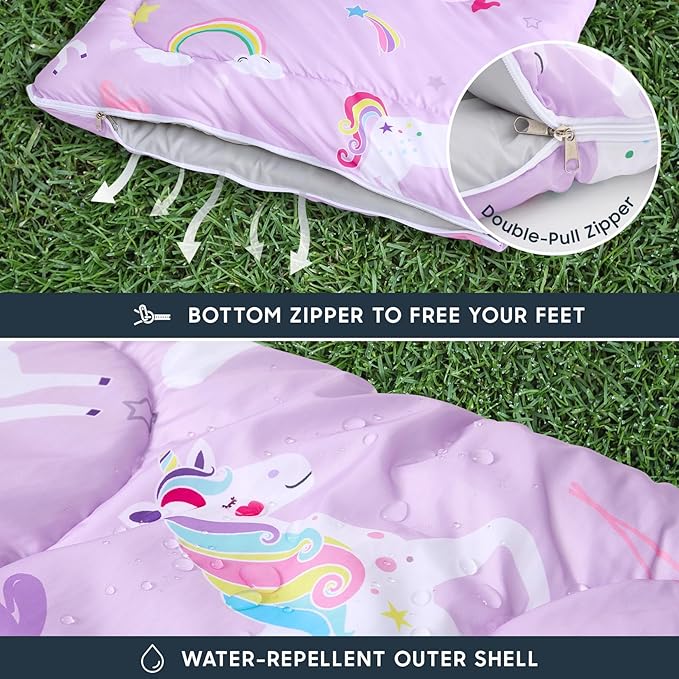 Wake In Cloud - Kids Sleeping Bag for Girls Toddlers Camping in Warm Cold Weather Backpacking Lightweight Compact Outdoor Liner for 3 Seasons Unicorns Rainbow Clouds