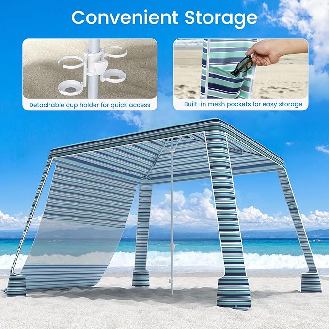 MoKo Beach Cabana 8'×8' Large Beach Canopy with Side Wall UPF 50+ Protection Easy Setup Beach Tent Sun Shelter Adjustable Height Wind Resistant Cabana Beach Tent for Whole Family Blue-Green Stripe