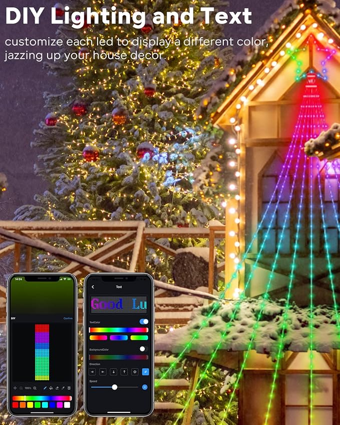 Outdoor Christmas Decorations Lights with Star Smart DIY Custom Display 11.8Ft 100 Modes Yard Waterfall Tree String Lights App Control 344LED RGB Color Changing Music Timer for Xmas Tree Lawn Decor