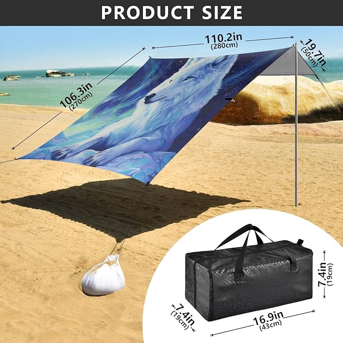 ALAZA Arctic Wolf Beach Tent Sun Shelter UPF50+ Protection Beach Shade Canopy w/ 4 Sandbags for Outdoor Camping Fishing Backyard Fun Picnic 10x9 ft